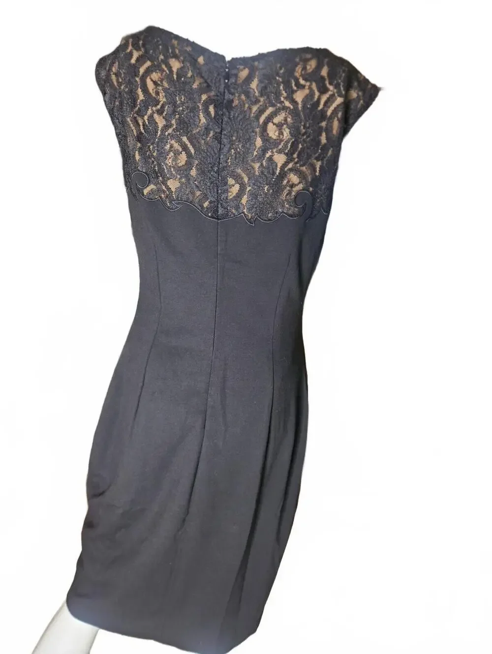 Cache Black Sheath Dress Sz 12 Lace Yoke Capped Sleeves Zip Up Lined